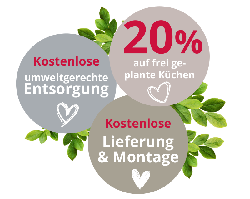 Jetzt Umwelt schützen und beim Küchenkauf sparen! Wir entsorgen Ihre alte Küchen umweltgerecht und kostenlos! Entdecken Sie außerdem weitere tolle Vorteile wie 20% auf frei geplante Küchen!